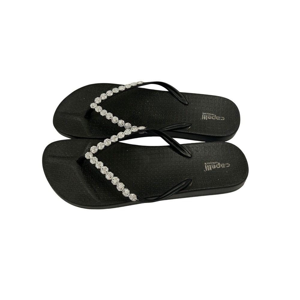 Capelli New York Flip Flops Size 10 Black Rhinestone Thong Sandals Womens